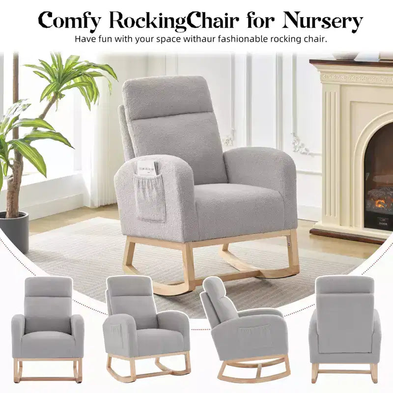 Modern Nursery Rocking Chair, Upholstered Glider Rocking Chair with Side Pockets, Rocking Armchair, Comfortable Recliner for Living Room