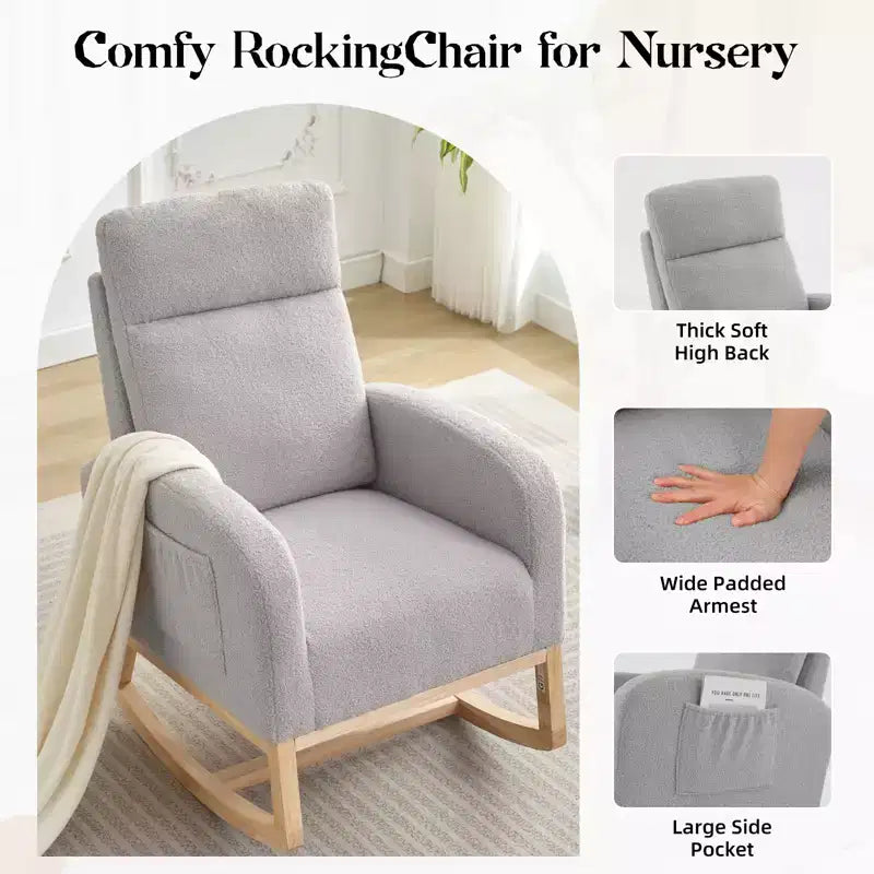 Modern Nursery Rocking Chair, Upholstered Glider Rocking Chair with Side Pockets, Rocking Armchair, Comfortable Recliner for Living Room