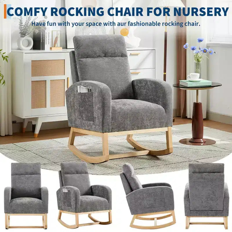 Modern Nursery Rocking Chair, Upholstered Glider Rocking Chair with Side Pockets, Rocking Armchair, Comfortable Recliner for Living Room