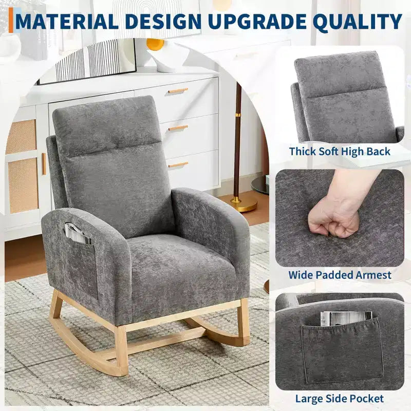 Modern Nursery Rocking Chair, Upholstered Glider Rocking Chair with Side Pockets, Rocking Armchair, Comfortable Recliner for Living Room