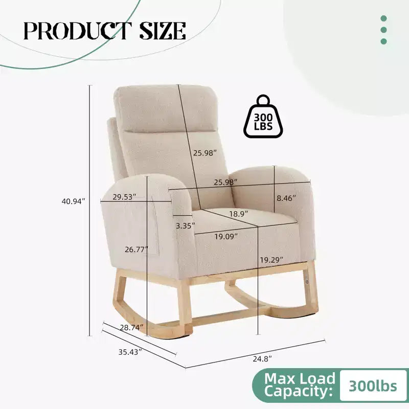 Modern Nursery Rocking Chair, Upholstered Glider Rocking Chair with Side Pockets, Rocking Armchair, Comfortable Recliner for Living Room