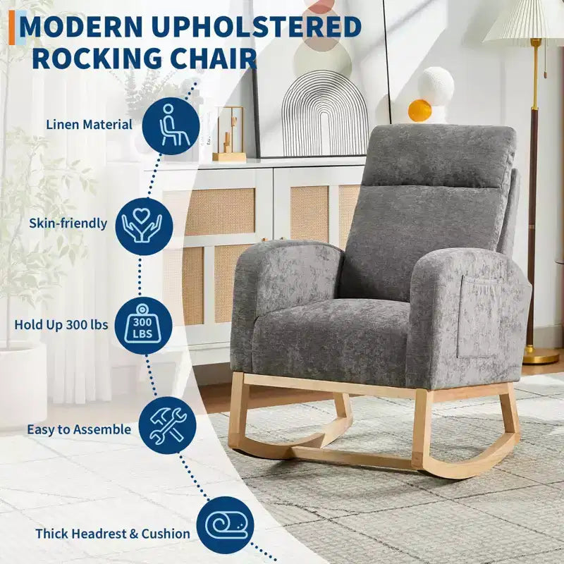 Modern Nursery Rocking Chair, Upholstered Glider Rocking Chair with Side Pockets, Rocking Armchair, Comfortable Recliner for Living Room