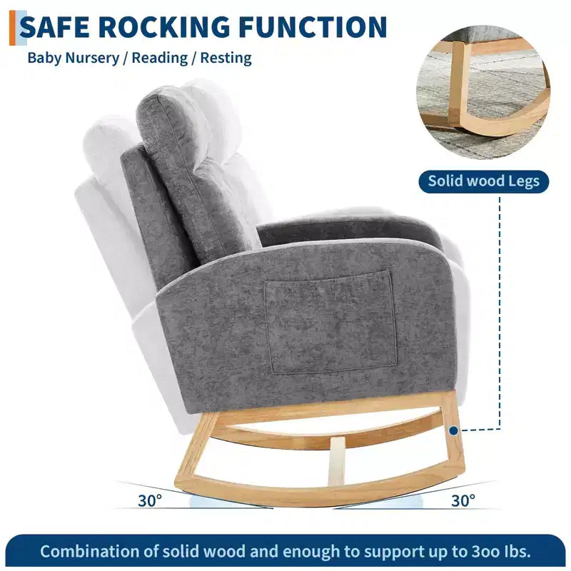 Modern Nursery Rocking Chair, Upholstered Glider Rocking Chair with Side Pockets, Rocking Armchair, Comfortable Recliner for Living Room