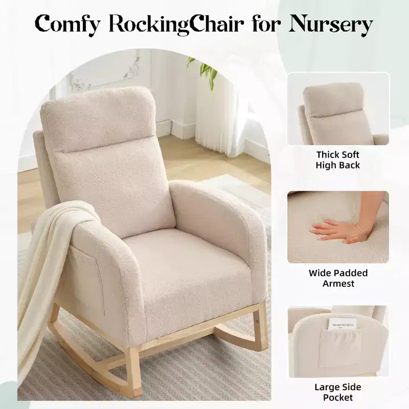 Modern Nursery Rocking Chair, Upholstered Glider Rocking Chair with Side Pockets, Rocking Armchair, Comfortable Recliner for Living Room