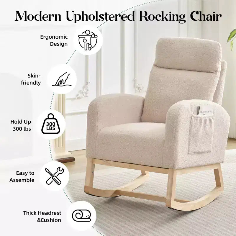 Modern Nursery Rocking Chair, Upholstered Glider Rocking Chair with Side Pockets, Rocking Armchair, Comfortable Recliner for Living Room