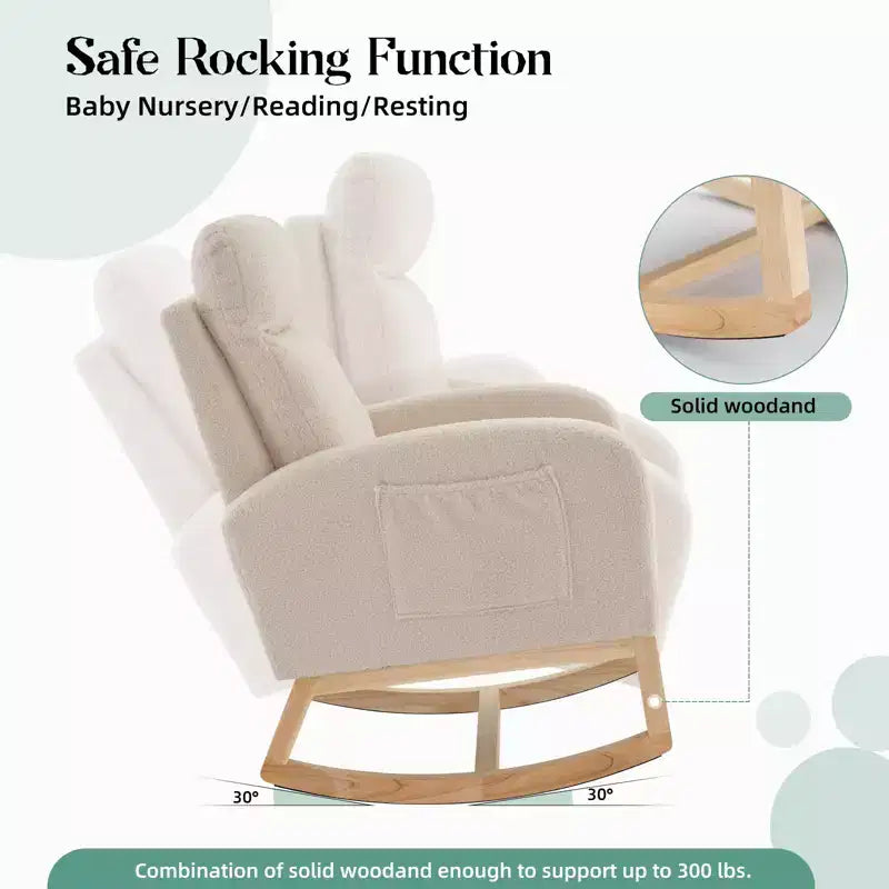 Modern Nursery Rocking Chair, Upholstered Glider Rocking Chair with Side Pockets, Rocking Armchair, Comfortable Recliner for Living Room