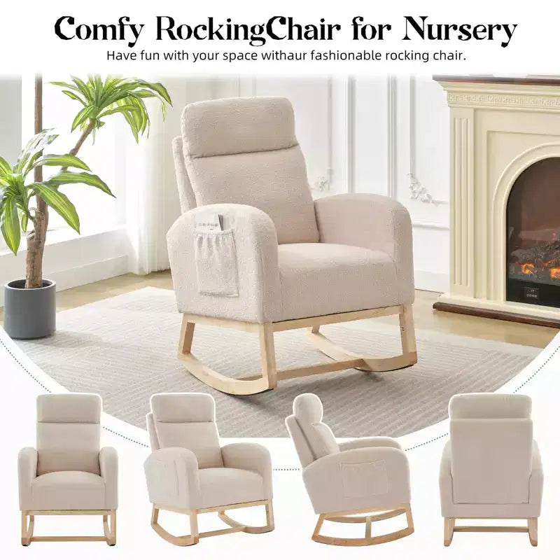 Modern Nursery Rocking Chair, Upholstered Glider Rocking Chair with Side Pockets, Rocking Armchair, Comfortable Recliner for Living Room