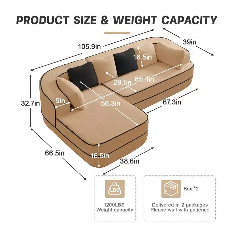 106 Teddy Fabric No Assembly 32D Boneless Sofa,Contrast color design,Fluffy Comfy Couch with L-Shaped Chaise,for Living Room