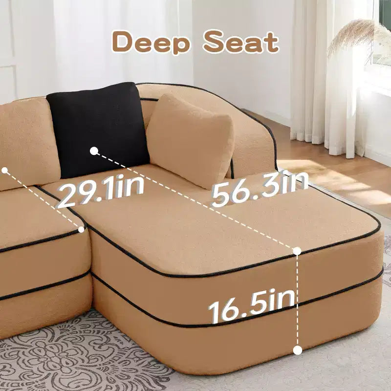 106 Teddy Fabric No Assembly 32D Boneless Sofa,Contrast color design,Fluffy Comfy Couch with L-Shaped Chaise,for Living Room