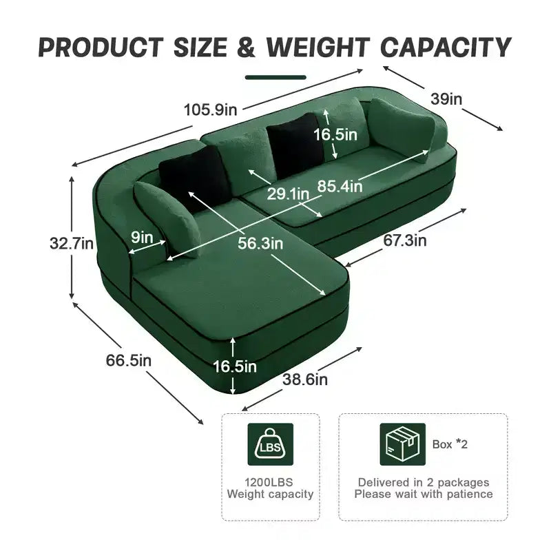 106 Teddy Fabric No Assembly 32D Boneless Sofa,Contrast color design,Fluffy Comfy Couch with L-Shaped Chaise,for Living Room