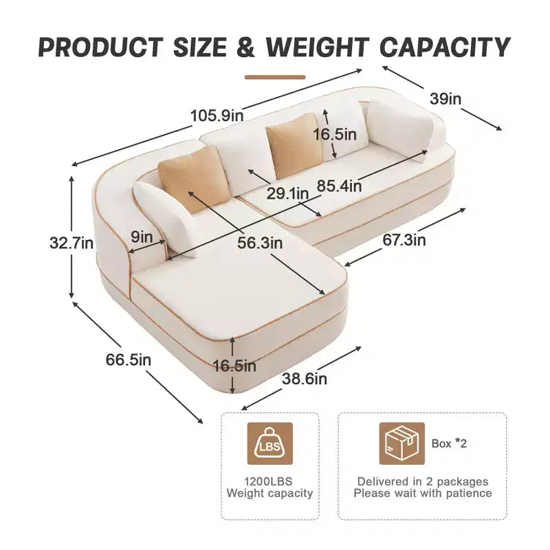 106 Teddy Fabric No Assembly 32D Boneless Sofa,Contrast color design,Fluffy Comfy Couch with L-Shaped Chaise,for Living Room