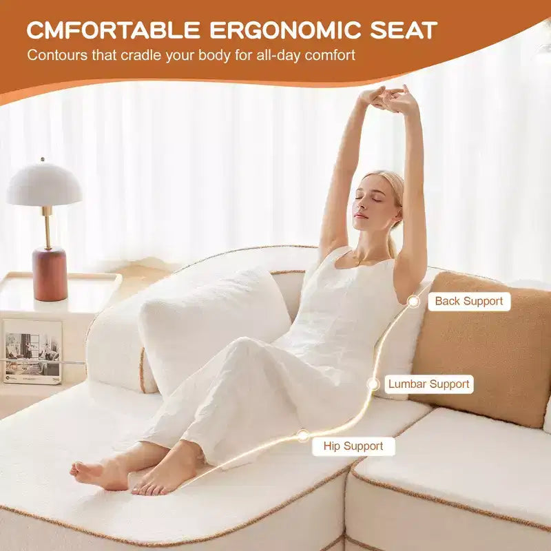 106 Teddy Fabric No Assembly 32D Boneless Sofa,Contrast color design,Fluffy Comfy Couch with L-Shaped Chaise,for Living Room