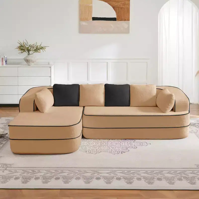 Canapé 106 sans accoudoirs en tissu Teddy 32D, design contrasté, canapé douillet et moelleux avec méridienne en L, pour salon