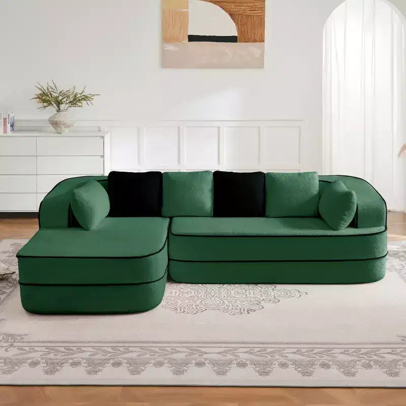 Canapé 106 sans accoudoirs en tissu Teddy 32D, design contrasté, canapé douillet et moelleux avec méridienne en L, pour salon