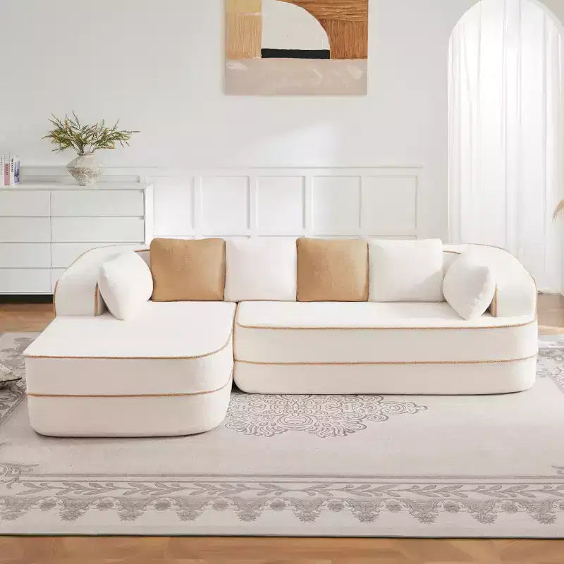 Canapé 106 sans accoudoirs en tissu Teddy 32D, design contrasté, canapé douillet et moelleux avec méridienne en L, pour salon