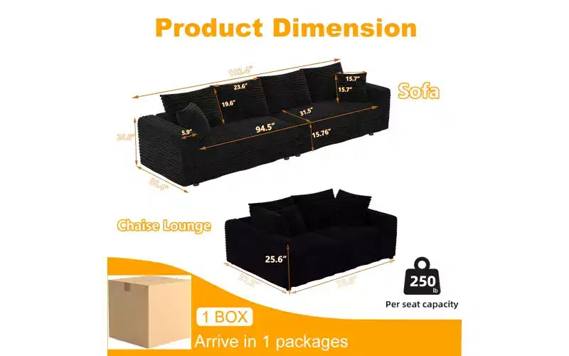 EHMKNP 102.4  Plush Corduroy 4-Seat Sofa,with Soft Pillows,Convertible Deep Seat Sofa Lounge Chair for Living Room Bedroom,Apartment,Office