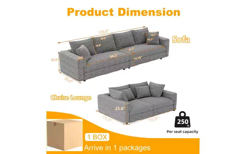 EHMKNP 102.4  Plush Corduroy 4-Seat Sofa,with Soft Pillows,Convertible Deep Seat Sofa Lounge Chair for Living Room Bedroom,Apartment,Office