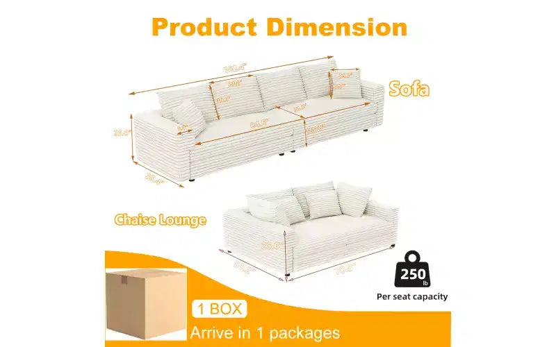 EHMKNP 102.4  Plush Corduroy 4-Seat Sofa,with Soft Pillows,Convertible Deep Seat Sofa Lounge Chair for Living Room Bedroom,Apartment,Office
