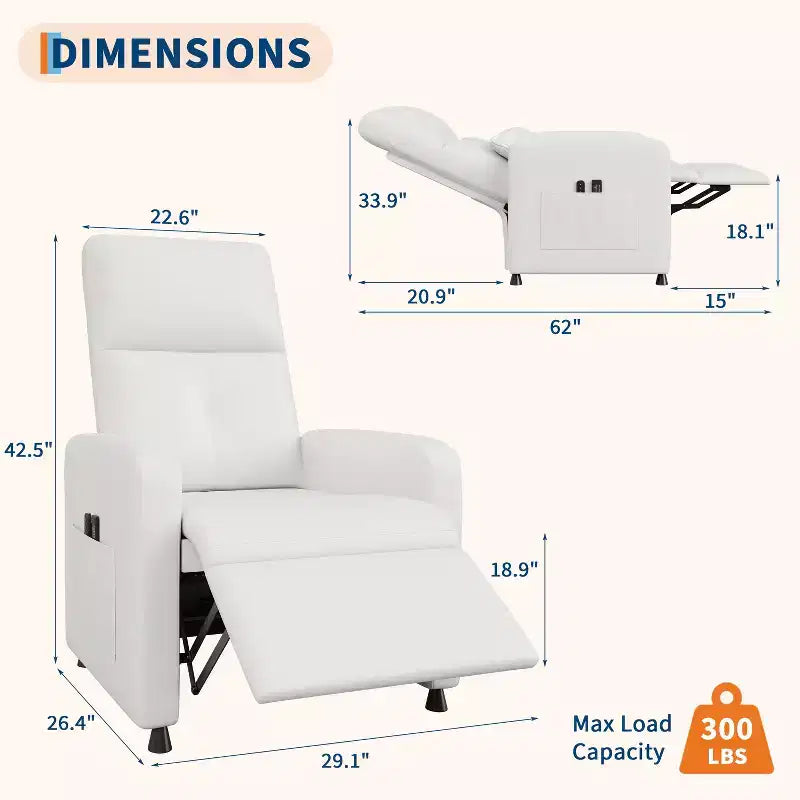 Power Recliner Chair with Heat & Massage, PU Leather Single Sofa with Padded Seat & 2 Side Pockets, Adjustable Electric Recliner for Living Room
