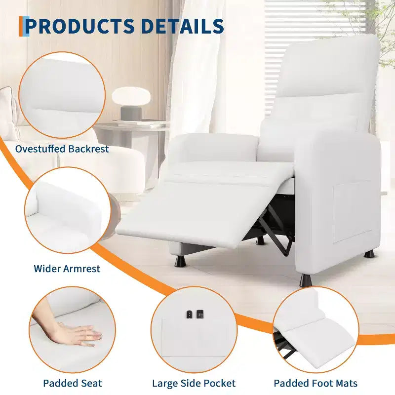 Power Recliner Chair with Heat & Massage, PU Leather Single Sofa with Padded Seat & 2 Side Pockets, Adjustable Electric Recliner for Living Room