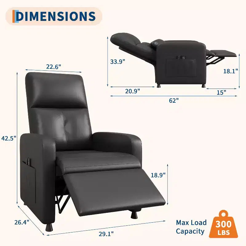 Power Recliner Chair with Heat & Massage, PU Leather Single Sofa with Padded Seat & 2 Side Pockets, Adjustable Electric Recliner for Living Room