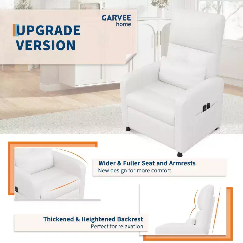 Power Recliner Chair with Heat & Massage, PU Leather Single Sofa with Padded Seat & 2 Side Pockets, Adjustable Electric Recliner for Living Room