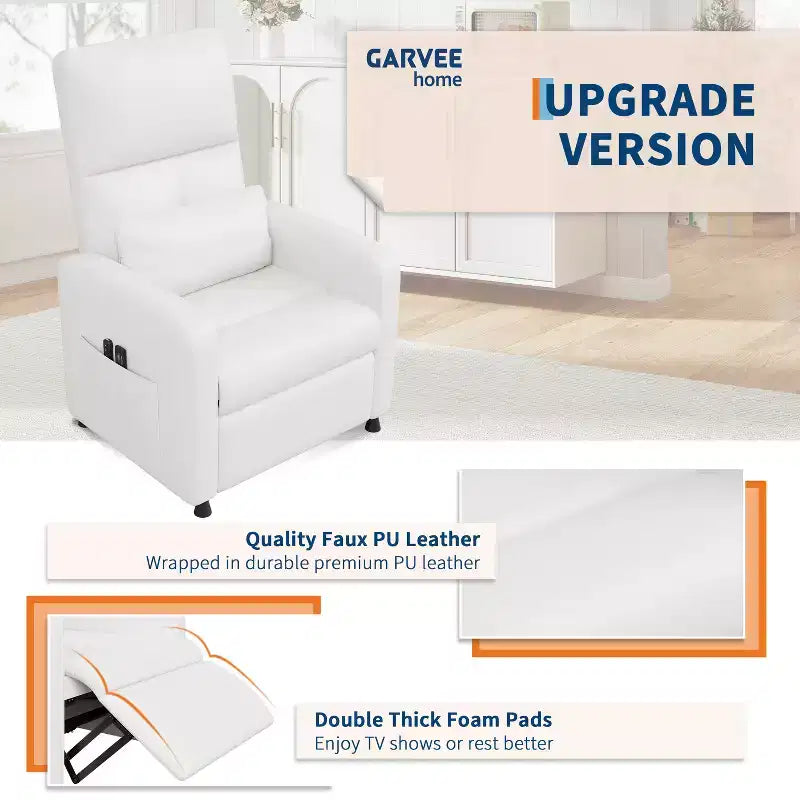 Power Recliner Chair with Heat & Massage, PU Leather Single Sofa with Padded Seat & 2 Side Pockets, Adjustable Electric Recliner for Living Room