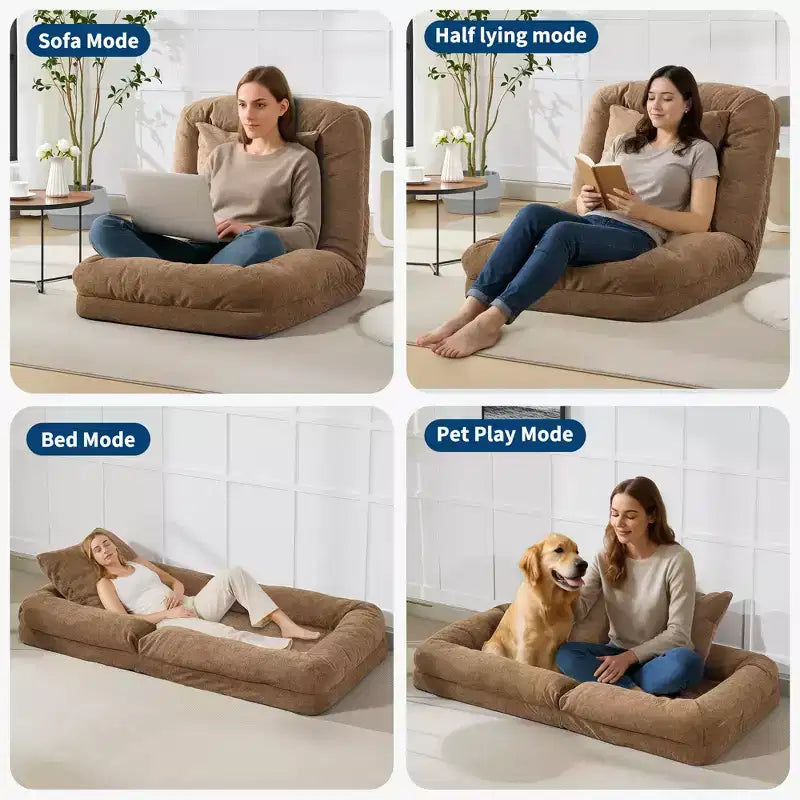 GustoWave 64.9'' 5-Position Adjustable Lazy Sofa Bed, Upholstered Human Dog Bed for Adult & Pets, Foldable Floor Lounger Chair