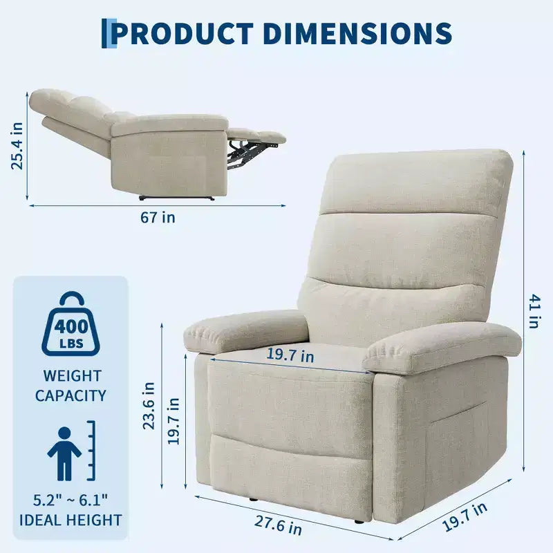 COZONY Recliner Chair for Adults, Manual Fabric Recliner with Side Pocket, Adjustable Ergonomic Single Sofa for Small Living Room, Nursery, Bedroom
