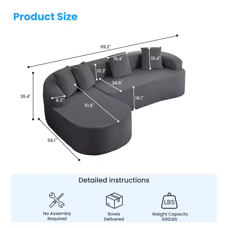 Mjkone 99''Chenille L-Shape Sectional Sofa with Curved ChaiseModern Cloud 3-Seater Sofa