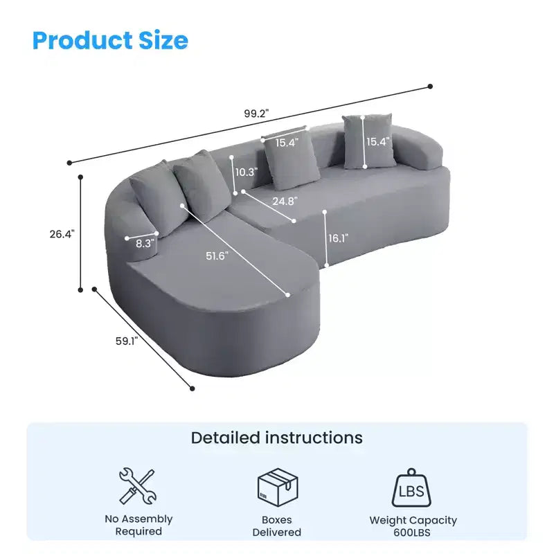 Mjkone 99''Chenille L-Shape Sectional Sofa with Curved ChaiseModern Cloud 3-Seater Sofa