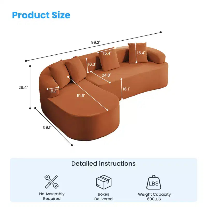 Mjkone 99''Chenille L-Shape Sectional Sofa with Curved ChaiseModern Cloud 3-Seater Sofa