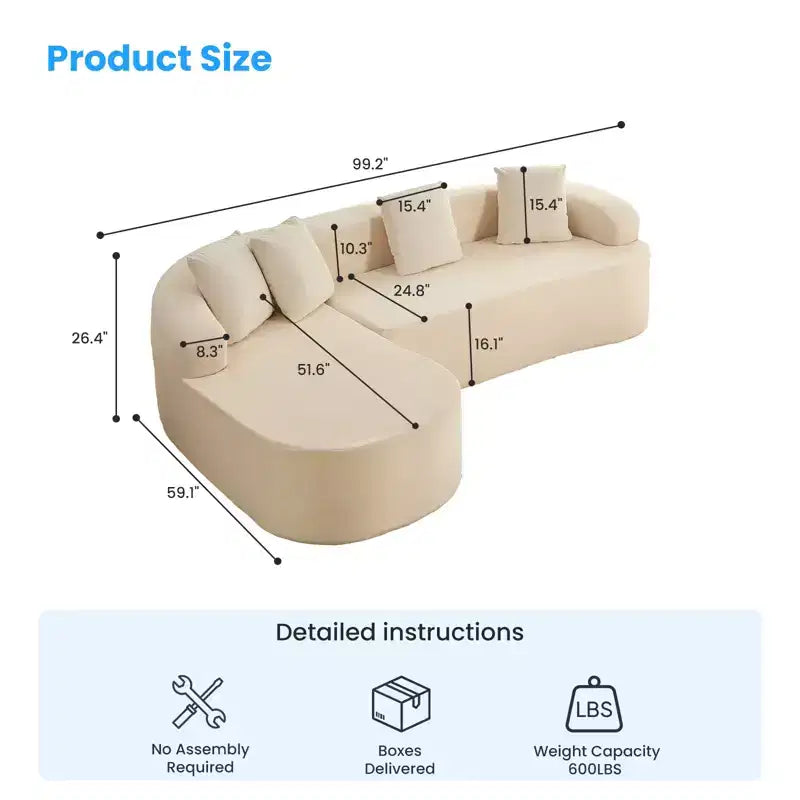Mjkone 99''Chenille L-Shape Sectional Sofa with Curved ChaiseModern Cloud 3-Seater Sofa
