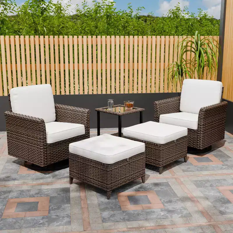 EAGLE PEAK Ocean Vista Wicker Outdoor Patio Seating Set Deep Cushions, Swivel Rocking Chairs Ottomans Table, 5 Pieces