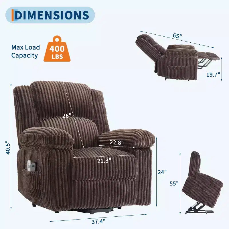 Power Lift Recliner Chair with Heat & Massage, Electric Lift Recliner with Padded Seat & 2 Side Pockets, Single Sofa Seat for Living Room