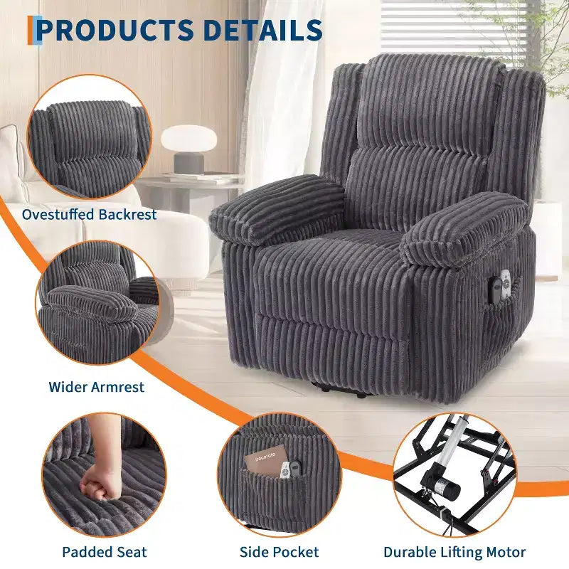 Power Lift Recliner Chair with Heat & Massage, Electric Lift Recliner with Padded Seat & 2 Side Pockets, Single Sofa Seat for Living Room