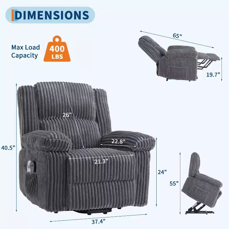 Power Lift Recliner Chair with Heat & Massage, Electric Lift Recliner with Padded Seat & 2 Side Pockets, Single Sofa Seat for Living Room