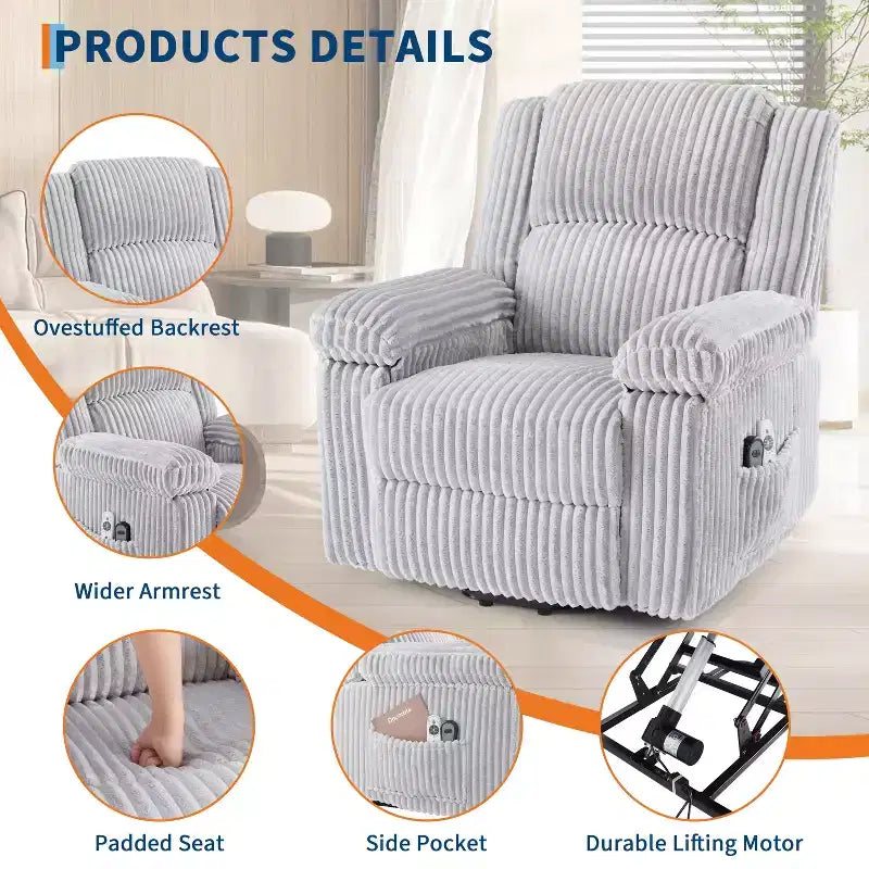 Power Lift Recliner Chair with Heat & Massage, Electric Lift Recliner with Padded Seat & 2 Side Pockets, Single Sofa Seat for Living Room