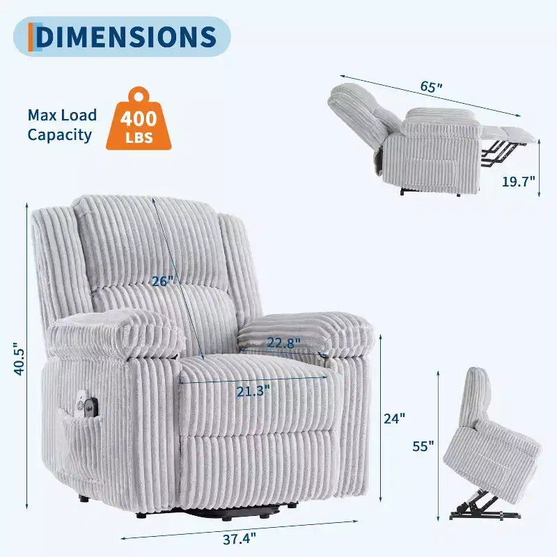 Power Lift Recliner Chair with Heat & Massage, Electric Lift Recliner with Padded Seat & 2 Side Pockets, Single Sofa Seat for Living Room