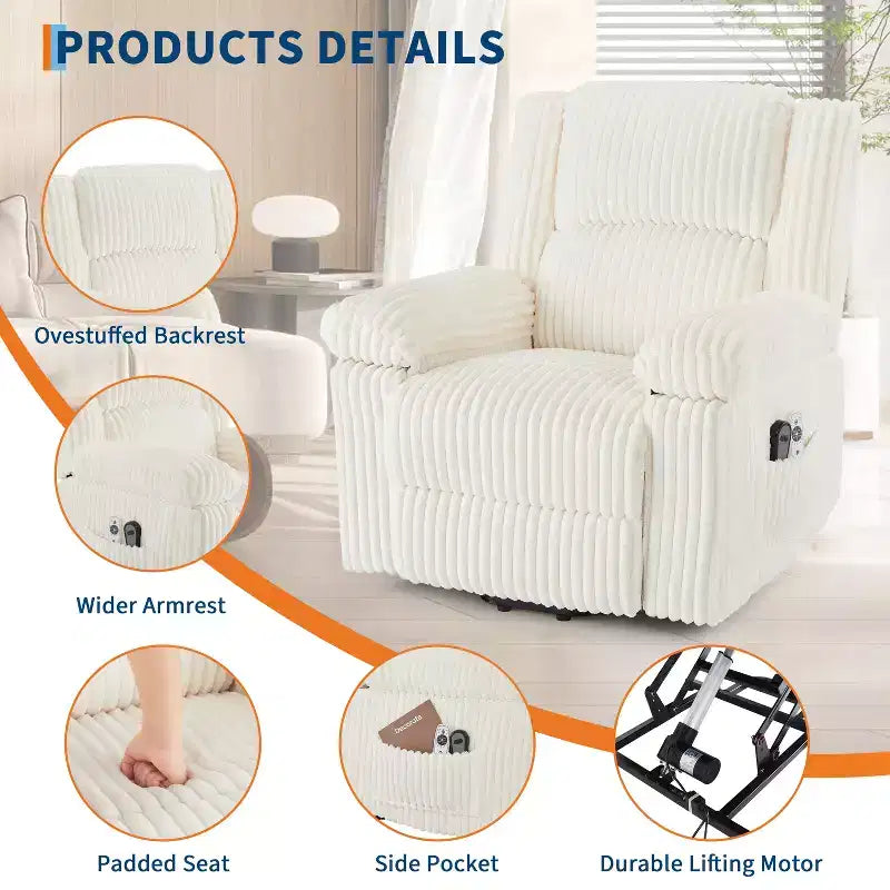 Power Lift Recliner Chair with Heat & Massage, Electric Lift Recliner with Padded Seat & 2 Side Pockets, Single Sofa Seat for Living Room