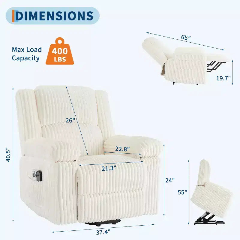 Power Lift Recliner Chair with Heat & Massage, Electric Lift Recliner with Padded Seat & 2 Side Pockets, Single Sofa Seat for Living Room
