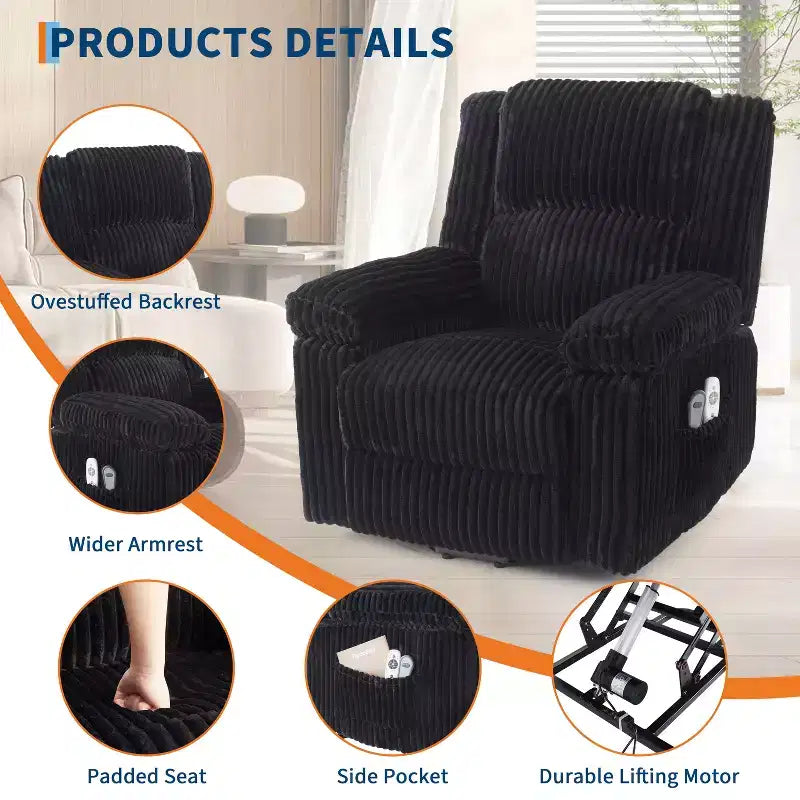 Power Lift Recliner Chair with Heat & Massage, Electric Lift Recliner with Padded Seat & 2 Side Pockets, Single Sofa Seat for Living Room