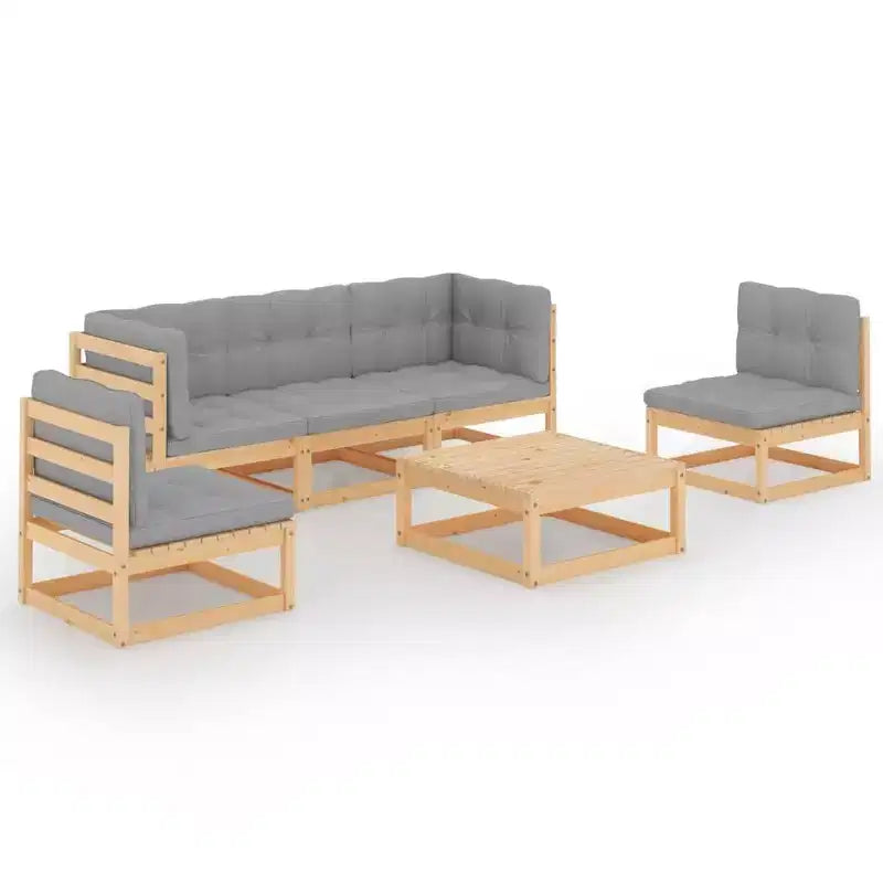 vidaXL Patio Furniture Set 6 Piece Outdoor Sectional Sofa Solid Wood Pine - Natural With Cushions