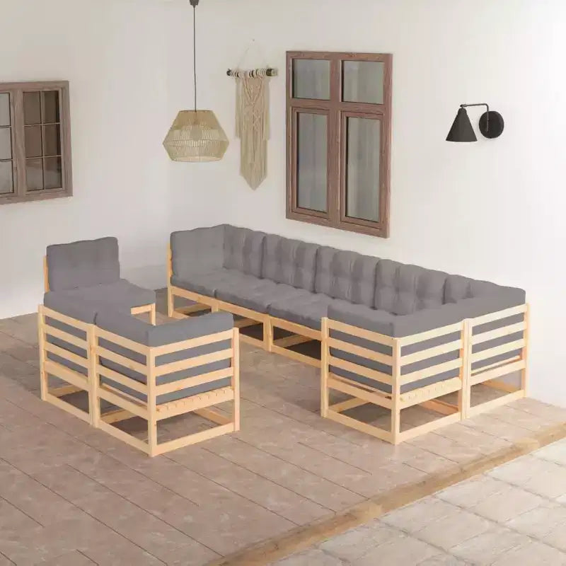 vidaXL Garden Lounge Set Natural Pine, Grey Solid Pine Wood, 100% Polyester