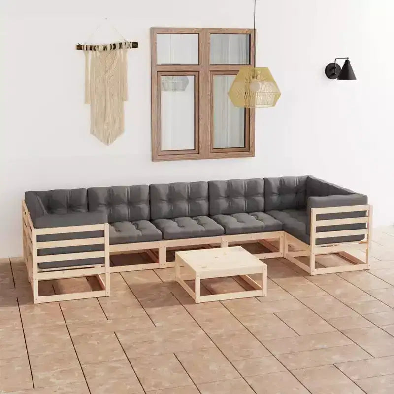 vidaXL Set de muebles de patio de 8 piezas, sofá seccional para exteriores, madera maciza de pino - Natural con cojines