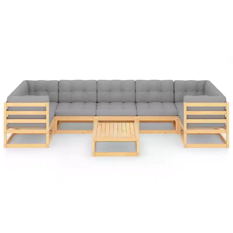 vidaXL Set de muebles de patio de 8 piezas, sofá seccional para exteriores, madera maciza de pino - Natural con cojines