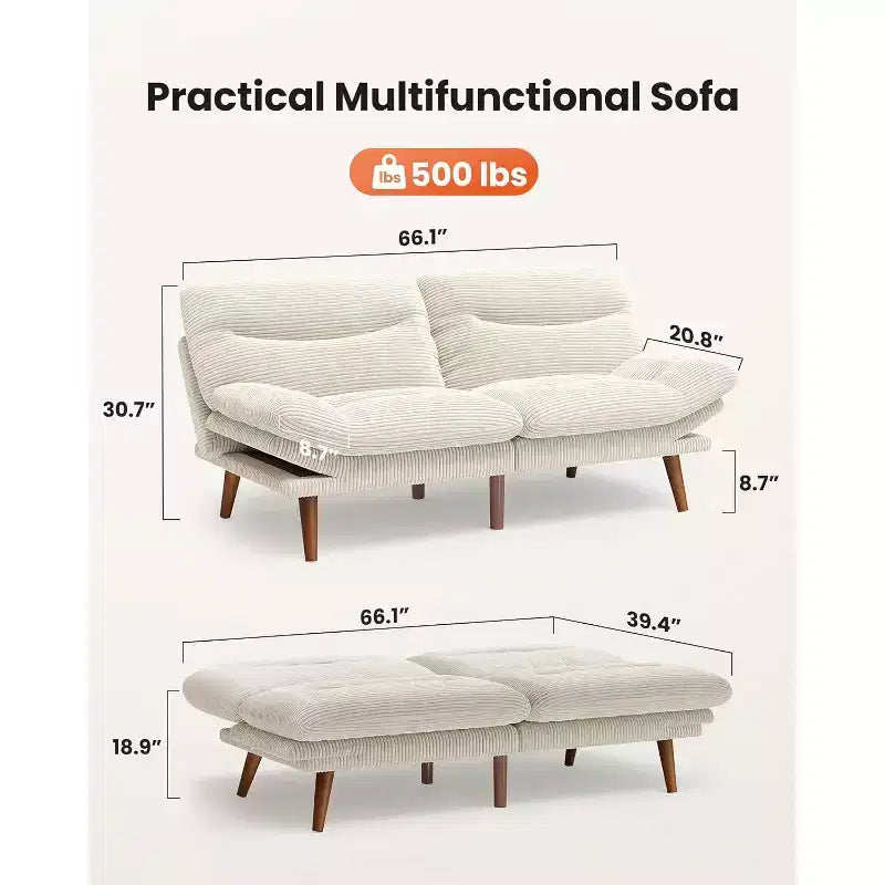 66-inch corduroy sofa bed with adjustable backrest and armrests, suitable for small spaces, living rooms, or offices as a convertible futon sofa.