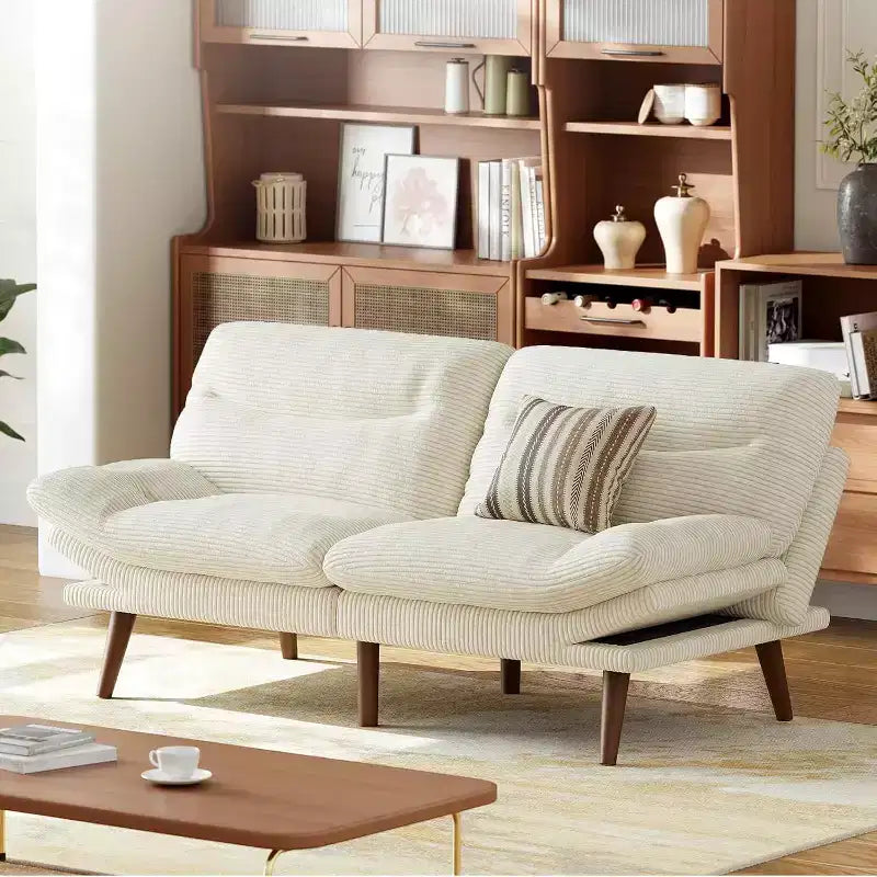 66-inch corduroy sofa bed with adjustable backrest and armrests, suitable for small spaces, living rooms, or offices as a convertible futon sofa.
