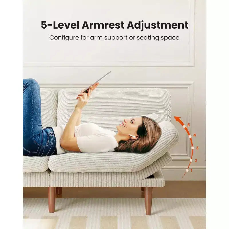 66-inch corduroy sofa bed with adjustable backrest and armrests, suitable for small spaces, living rooms, or offices as a convertible futon sofa.