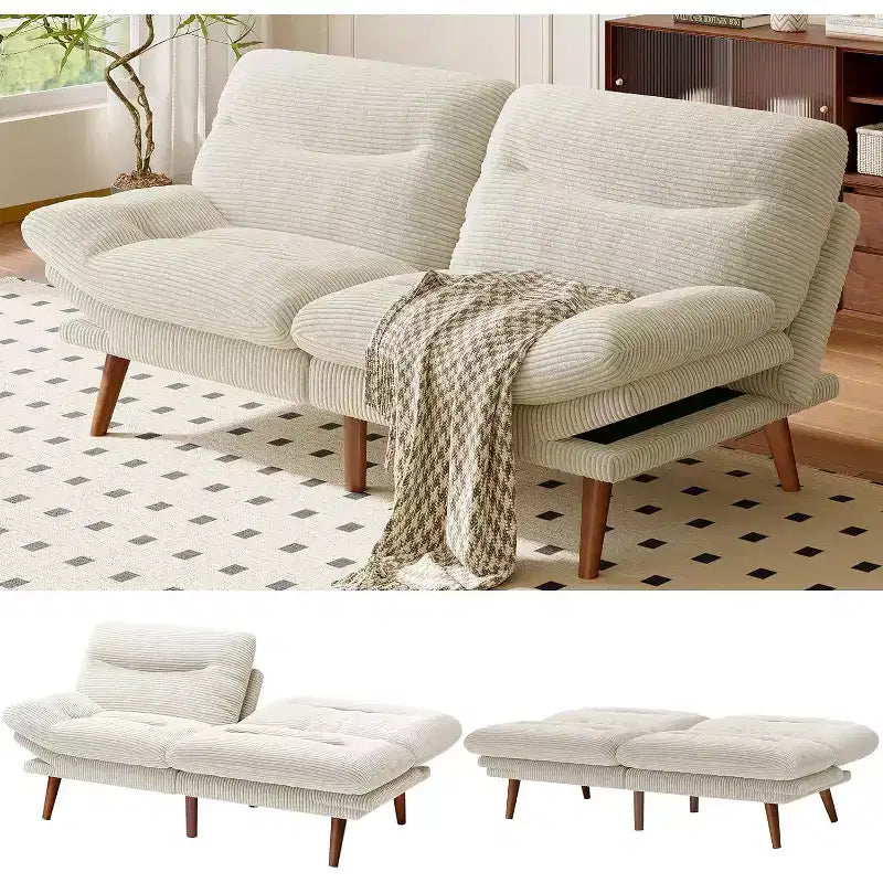 66-inch corduroy sofa bed with adjustable backrest and armrests, suitable for small spaces, living rooms, or offices as a convertible futon sofa.